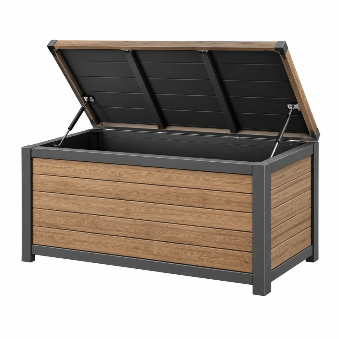 Garten-Aufbewahrungsbox 120 x 60 x 63 cm aus Holz und Metall Braun Anthrazit mit Klappdeckel