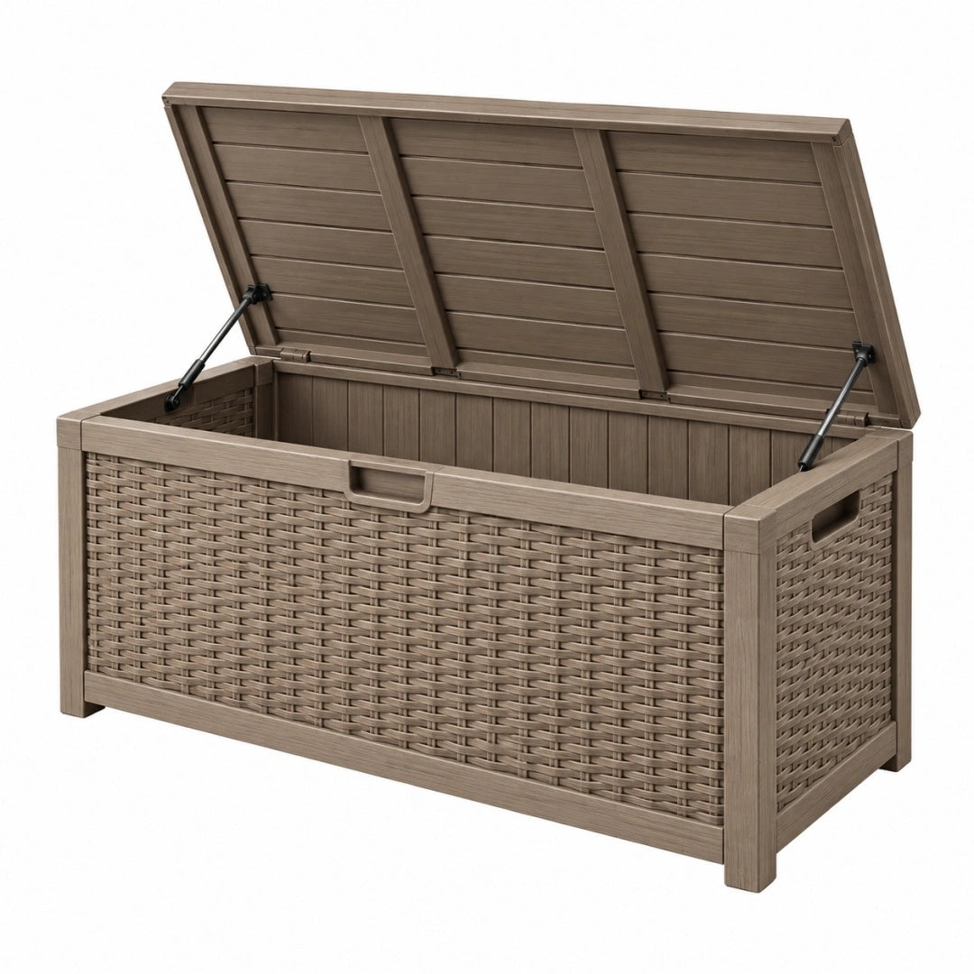 Aufbewahrungsbox 120 x 56 x 63 cm Kunststoff Taupe für Außenbereich mit Klappdeckel