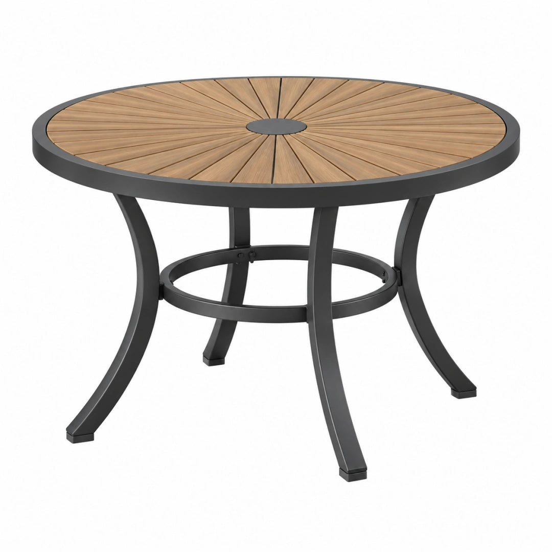 Runder Gartentisch 120 cm aus Holz und Metall Braun Schwarz mit Lattenplatte