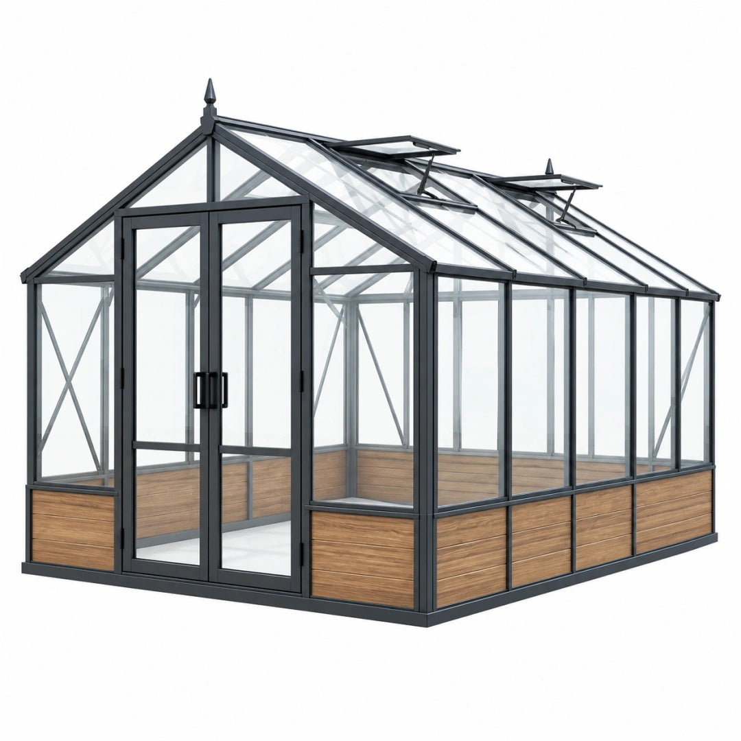 Gewächshaus 600 x 300 x 280 cm Aluminium Schwarz Transparent mit Holzoptik - freistehend mit Dachfenstern