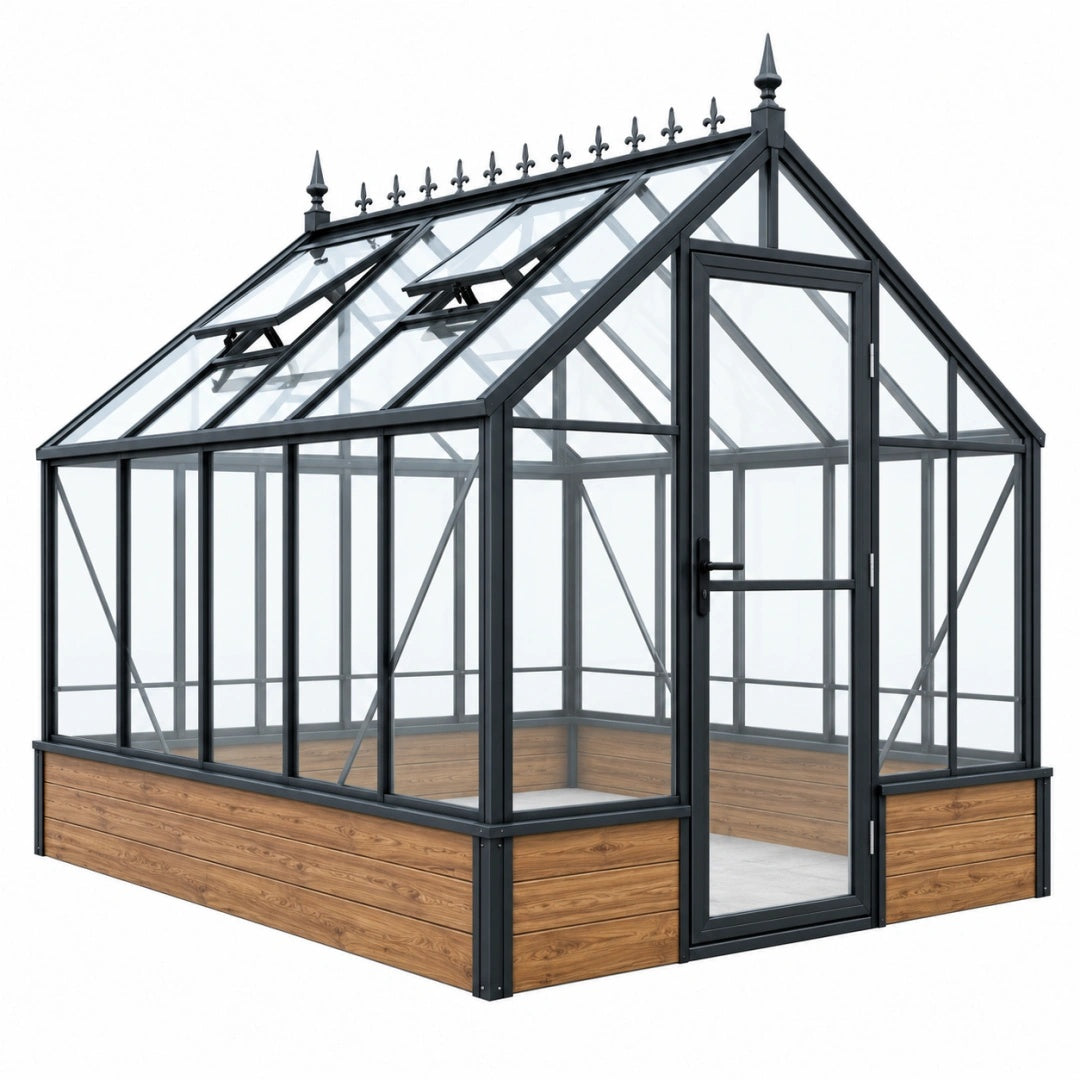 Gewächshaus 240 x 180 x 250 cm Aluminium Glas Schwarz mit Holzsockel im viktorianischen Stil