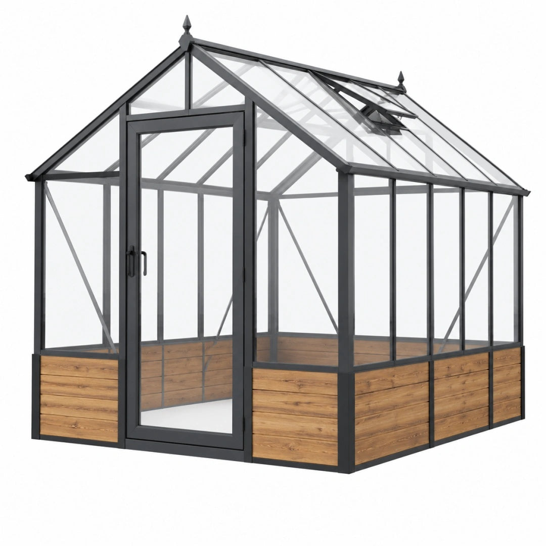 Gewächshaus 300 x 200 x 220 cm aus Stahl Holz und Glas in Schwarz Transparent mit Dachfenster