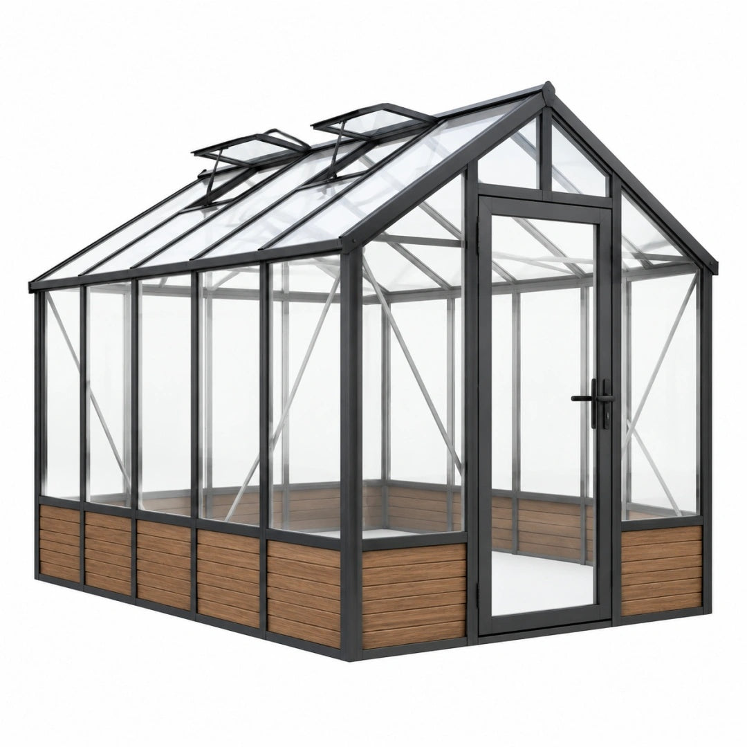 Gewächshaus 300 x 200 x 250 cm Aluminium Glas Schwarz Holzoptik mit Dachfenstern