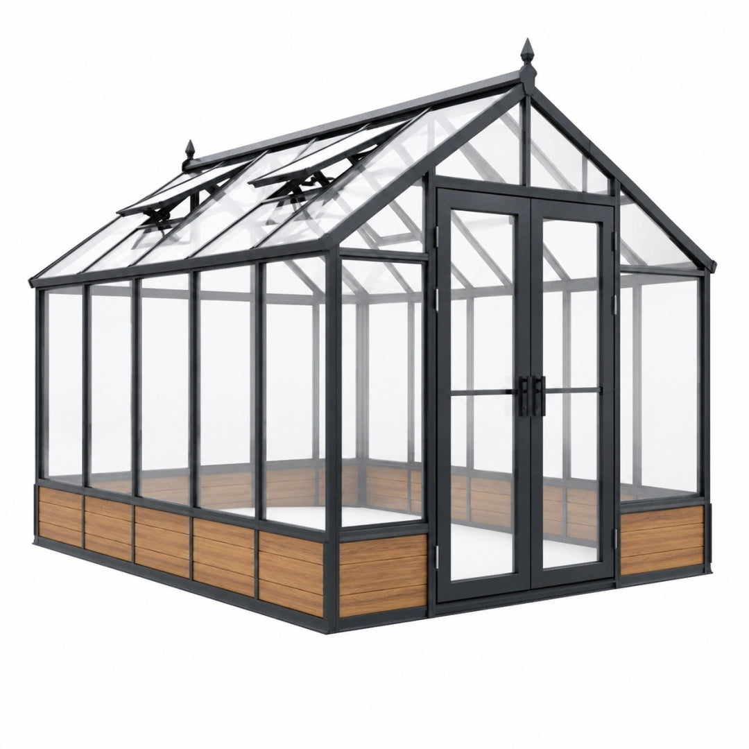 Gewächshaus 300 x 240 x 260 cm aus Glas und Metall in Schwarz mit Doppeltür und Dachfenstern
