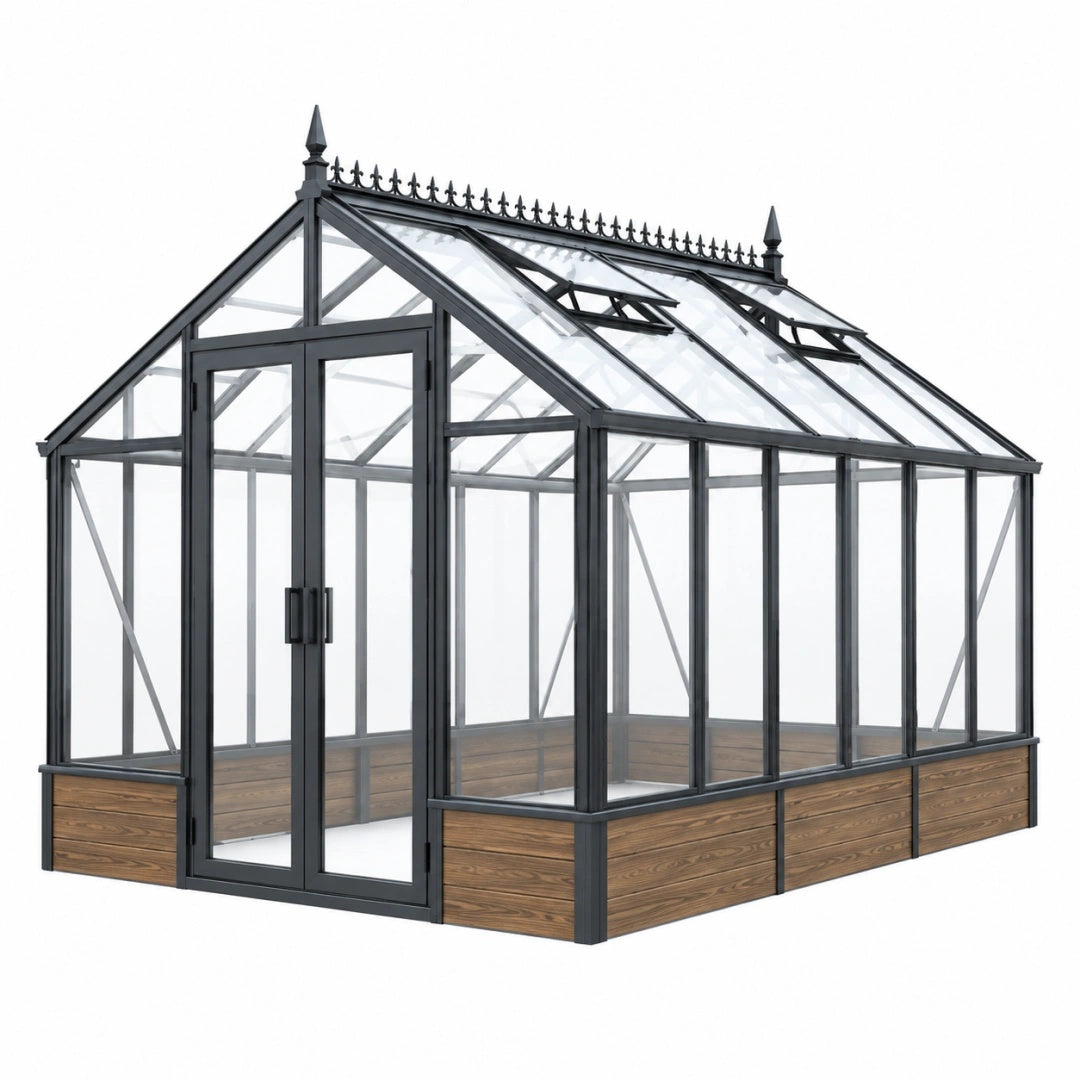 Gewächshaus 300 x 240 x 260 cm aus Metall und transparenten Paneelen in Schwarz mit Doppeltür