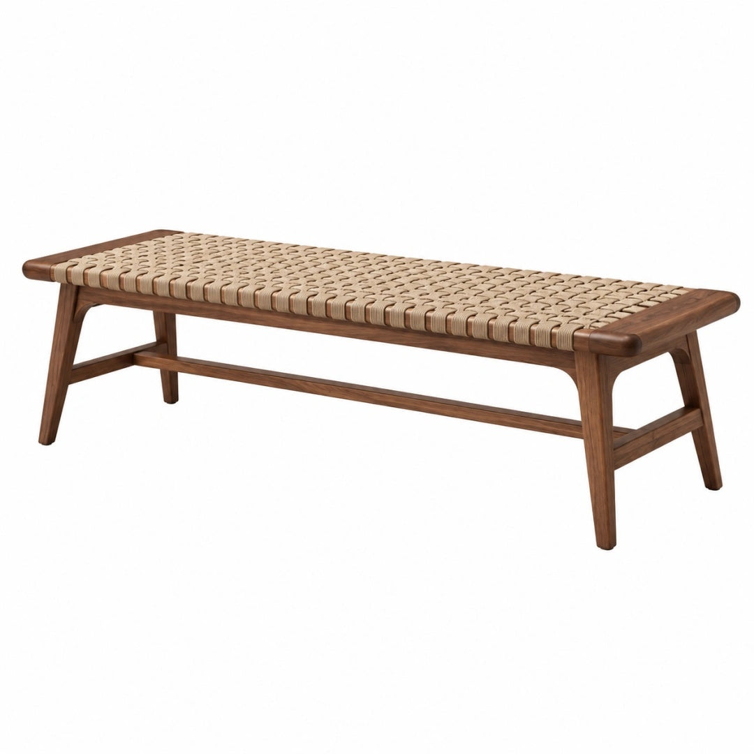 Sitzbank 160 x 40 x 45 cm aus Holz in Braun mit geflochtener Naturfaser Sitzfläche skandinavisch