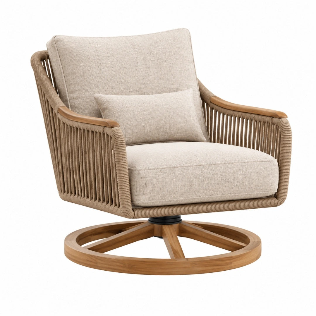 Drehsessel 80 x 85 x 88 cm Holz Seilgeflecht Beige für Wohnbereich mit Drehfunktion