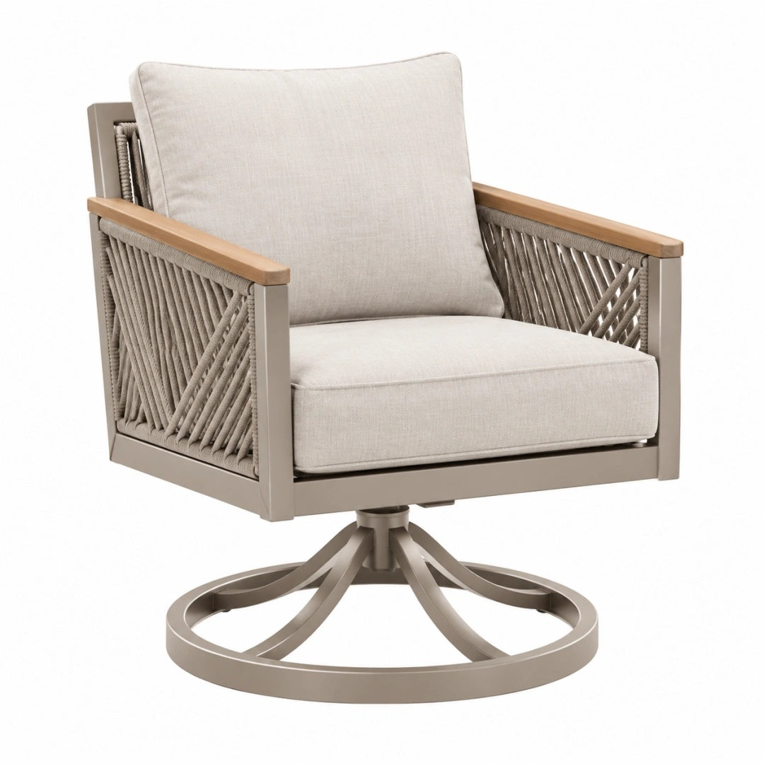 Garten-Drehsessel 82 x 80 x 90 cm aus Aluminium Holz und Seilgeflecht in Beige Taupe